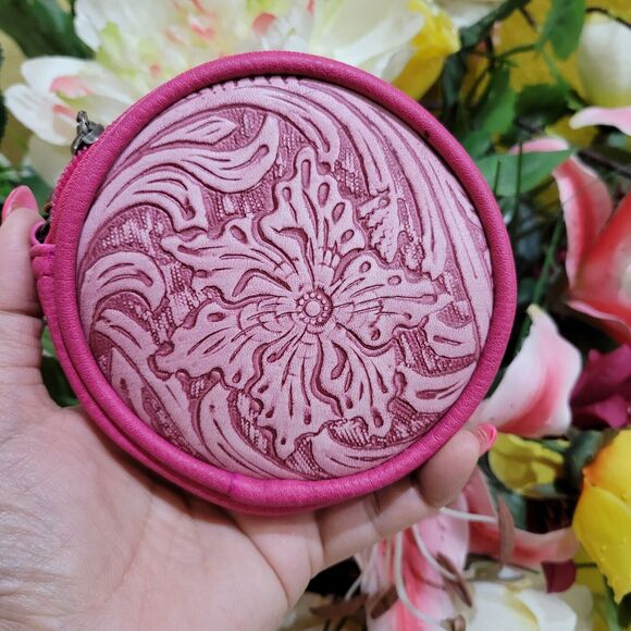 Wrangler Leather Pink Round Coin Purse Round Coin Pouch Floral Tooled